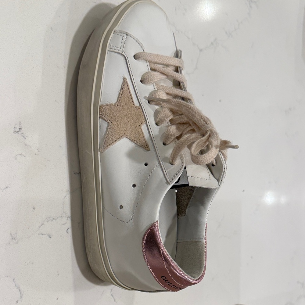 Golden Goose White Sneakers with Beige Star and Pink Heel